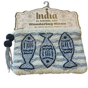 Wandering Moon Blue & White Beaded Sardine Coin Purse, INDIA sardines  bag